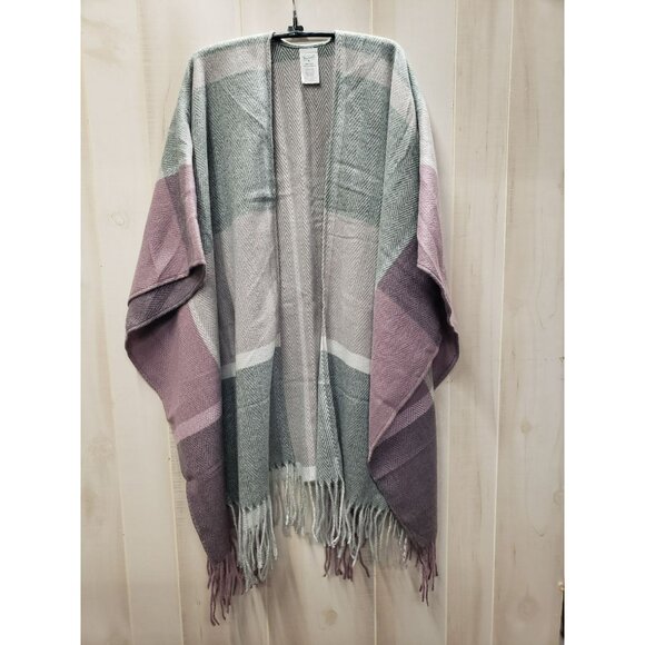 Woolrich Reagan Poncho Blanket Wrap Cape, Purple & Gray, Fringe, Polyester Blend - Picture 7 of 7